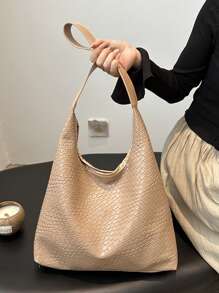 Bolso de hombro de mujer con forma de media luna tejido, bolso axilar de piel sintética con monedero
