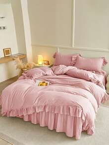 3 pièces Ensemble de literie rose crème fripé doux brossé, convient pour la chambre à coucher, la chambre d'amis, toutes les saisons, lavage en machine