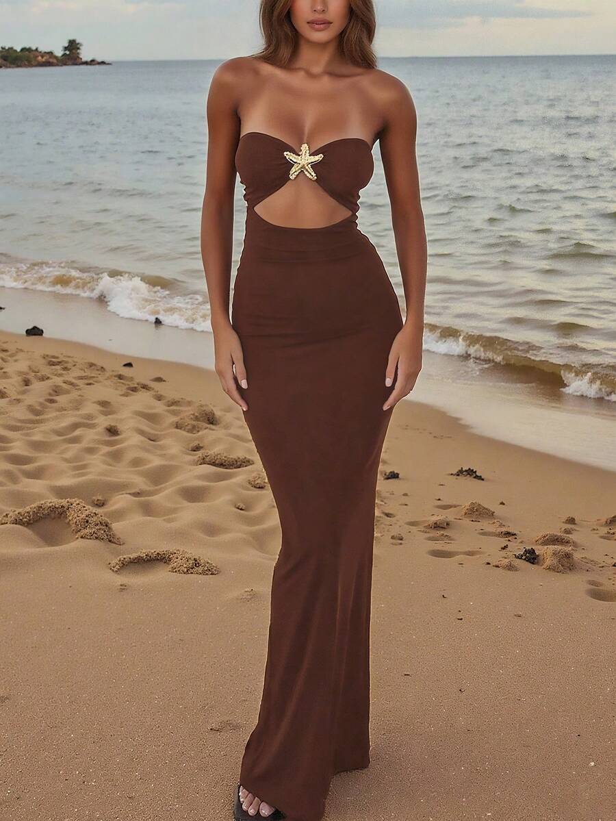 女士性感镂空抹胸海星金属装饰紧身连衣裙，露背Y2K优雅晚宴派对婚礼宾客鸡尾酒礼服，别致镂空设计连衣裙，春夏秋季