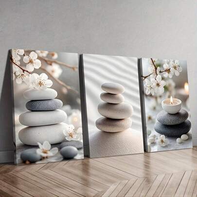 3pcs Wood Framed Canvas Print Art, Zen Art, Purify Mind Poster, Yoga Art, Beautiful Pebble Beach On Gray Background, Stacked Cobblestone Art, Suitable For Home Wall Decoration