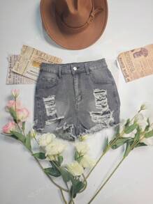 Pantalones cortos de mezclilla elásticos rasgados para mujeres, adecuados para vacaciones de verano y uso casual