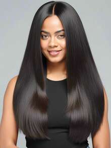 28 英寸黑色中长假发，带中分 - 高密度、耐热纤维，优雅款式，适合日常佩戴和派对，日常假发|光滑假发|耐用假发 - 黑色 - 查看 4