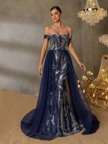 Women's One-Shoulder Sequin-Embellished Evening Gown With Back Tie-Up Closure & Sheer Organza Draping – Elegant Mermaid Silhouette Formal Dress For Gala Dinners, Red Carpet Events, Luxury Weddings, Opera Performances, And Black-Tie Ceremonies
