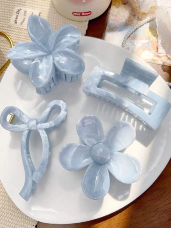 4pcs/Set Spring & Summer Bohemian Sweet Light Blue & White Mixed Marble Pattern Bow Daisy Flower Square Hair Claw, Beach Hair Accessoriesclaw Clips Hair Clips Hair Jaw Clip Hair Clamps Hair Clutch Hair Catcher Clip