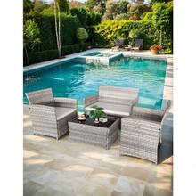 4-Piece Rattan Garden Furniture Set, Black Rattan Table And Chairs With White Cushions - Grey - View 2