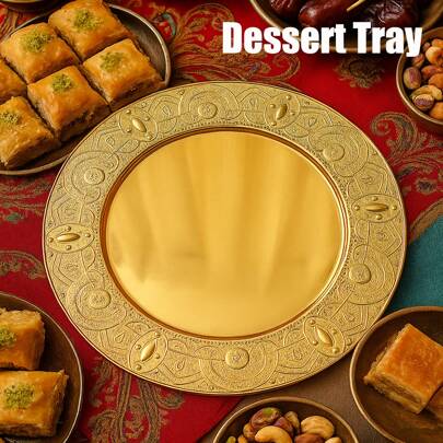 " Gold Engraved Metal Dessert Tray With Matching Cutlery Set | Eid Mubarak Baklava Plate | Middle Eastern Party Decor"