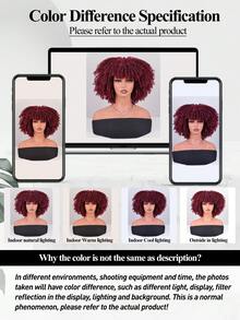 Short Afro Kinky Curly Wig With Bangs For Women High Temperature Synthetic Hair Wig Curly Afro Wigs For Women - Curly Afro Wigs Black Wig For Women Brown Gold Gradient 12 Inch Replacement Wigs Party Use Natural Black Hair Carnival Cosplay Wigs - 酒紅色 - 查看 8