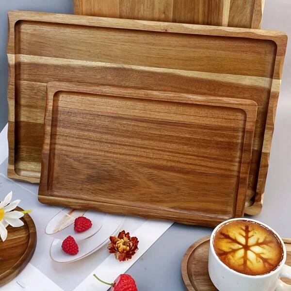 Bandeja de encaje, bandeja rectangular, bandeja de comida y comida, bandeja de madera de acacia de madera maciza, bandeja de servir. Adecuada para restaurantes, cocinas, picnics al aire libre o Navidad, Acción de Gracias y otros festivales. Utilizado para fuentes de comida, comida, pasteles, bistecs, frutas, etc. Utensilios de cocina.