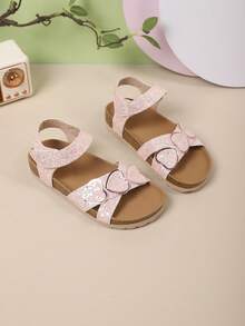 女童夏季凉鞋，软底防滑，闪亮心形设计，甜美休闲沙滩鞋，新款 - 淺粉色 - 查看 5