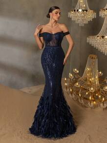 Faeriesty Elegant One-Shoulder Evening Gown With Back-Tie Closure & Mermaid Hemline Dramatic Train, And Luxurious Embellishments For Award Ceremonies, High-Fashion Weddings