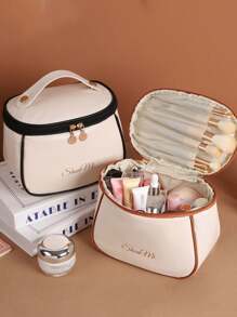 1 Stück Sommerleder wasserdichte Make-up Tasche, Kosmetik Organizer, tragbare Toilettenartikel Tasche, wasserdichter PU Hautpflege Beutel, große Kapazität Doppelschicht Make-up Tasche Make-up Organizer Badezimmer Accessoires