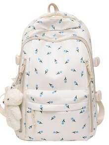 Mochila de mujer con estampado de rosa de moda, con múltiples compartimentos y bolsillos, mochila gruesa de estudiante, mochila impermeable, con accesorio colgante de oso de peluche, gran capacidad - Multicolor - Ver 6