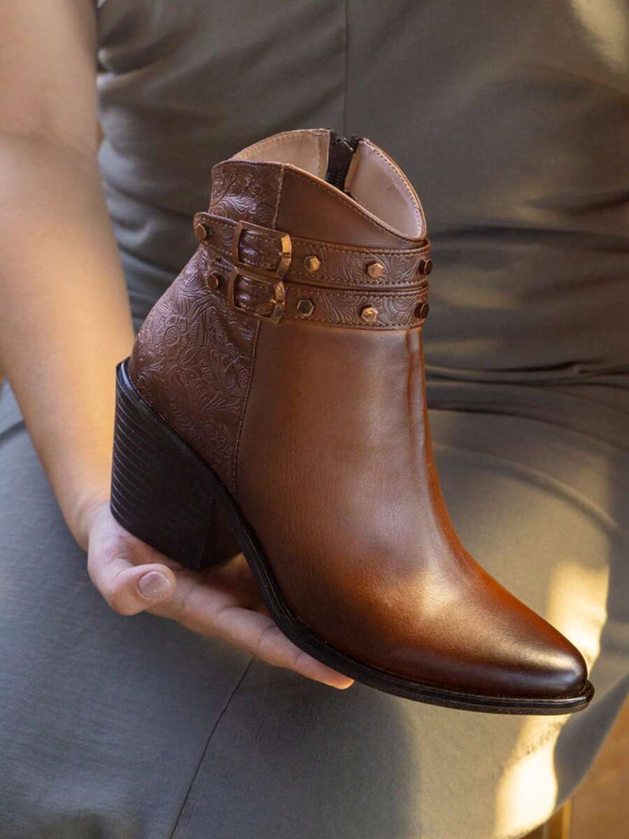 Botines de dama vaqueros grabados cómodos casuales puntales modernos moda blanco y camel tacón ancho cómodos western - Cognac - Ver 1