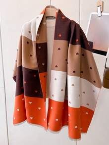 1pc Women Faux Cashmere Multi-Color Patchwork Heart Pattern Jacquard Knit Shawl Cardigan, Thick And Warm For Daily Use - Multicolor - View 5