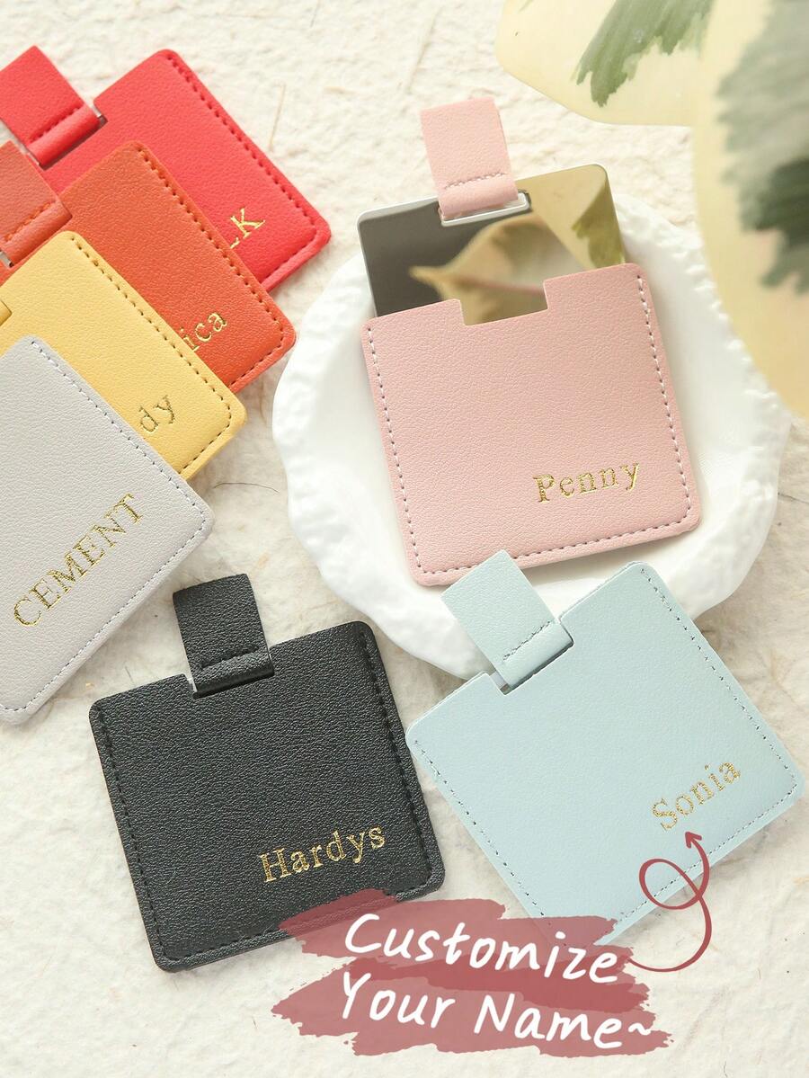 1 pieza Espejo compacto personalizado con nombre de acero inoxidable, espejo monograma personalizado con forma de corazón a prueba de roturas, con funda de piel sintética, mini espejo portátil irrompible para maquillaje, bolso, viaje, mejor regalo para boda para mujeres y niñas - transparente - Ver 1