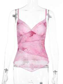 Elegant Women's Pink Floral Wrap Cami Top, Semi-Sheer Cropped Design With Asymmetrical Hem And Lettuce Trim Details, High Stretch Knitted Fabric