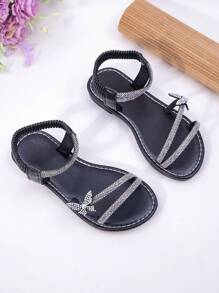 Rhinestone Bow Decor Girls Sandals, Black Minimalist Style With Elastic Strap, Fashionable Princess Shoes