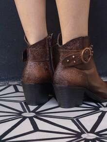 Botines de dama vaqueros grabados cómodos casuales puntales modernos moda blanco y camel tacón ancho cómodos western - Cognac - Ver 5