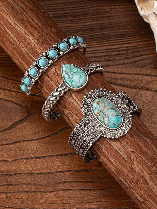 1 Pc Retro Vintage Western Cowgirl Style Blue Turquoise Stone Decor Cuff Bangle Bracelet