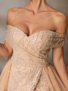 Faeriesty Faeriesty Chic & Glamorous Beaded Off-Shoulder Short Sleeve Maxi Party Dress With Layered Tulle Skirt And High Slit For Red-Carpet Galas, Black-Tie Dinners, Luxury Wedding Receptions, Exclusive Banquets, Formal Charity Events​