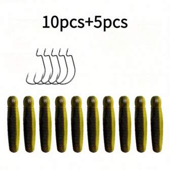 15 件曲柄钩和诱饵双色土豆蝇蛹软饵远距离慢沉软虫人工饵户外钓鱼，适用于大嘴鲈鱼