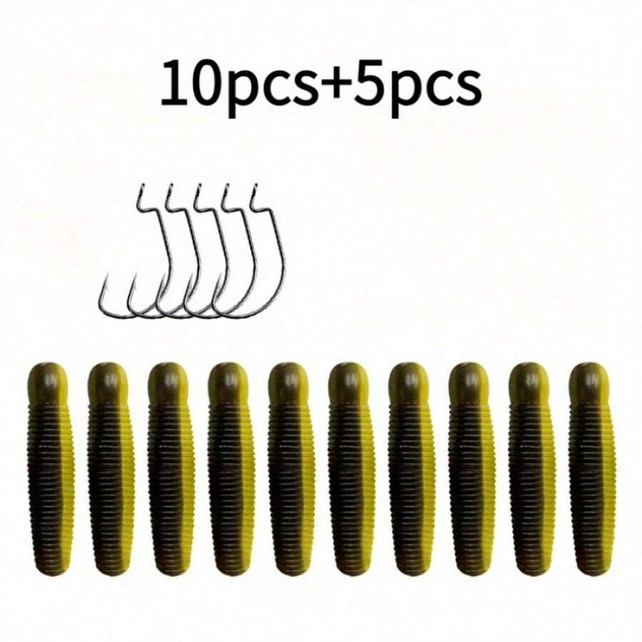 15 件曲柄钩和诱饵双色土豆蝇蛹软饵远距离慢沉软虫人工饵户外钓鱼，适用于大嘴鲈鱼