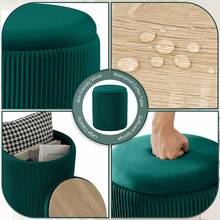 Round Ottoman With Storage Set Of 2 Upholstered Velvet Vanity Stool For Makeup Lines Support 300lbs Ottomans Multifunctional Foot Rest Coffee Table Padded Seat For Living Room&Bedroom-Green - Mint Green - View 8