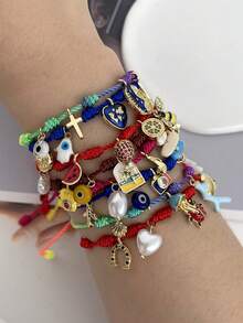 1件波西米亚风创意时尚优雅奢华铜镶嵌合成锆石地球、瓢虫、草莓、蜜蜂、邪眼编织手链，适合女性、姐妹、情侣、毕业礼物、日常佩戴、派对、节日、度假，尺寸可调节 - 彩色的 - 查看 7