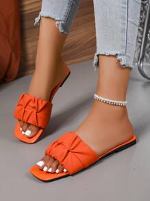 Women's New Arrival Summer Sweet Pleated Flower Rhinestone Bling Slip On Sandals, Solid Color Flat Simple Comfortable Fashion Casual Outdoor Home Travel Beach Slippers