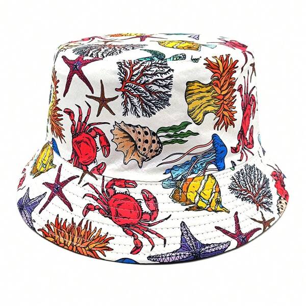 Bucket Hat Reversível com Estampa de Animais Subaquáticos em Desenho Animado, Chapéu de Pescador Casual Unissex para Proteção Solar ao Ar Livre, Floral Fofo Impresso em Poliéster (Poliéster) para Todas as Estações