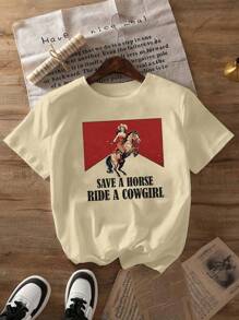 T-shirt grafica da donna taglie forti per l'estate "SALVA UN CAVALLO CAVALCA UNA COWGIRL", top casual e comodo per uso quotidiano, vibes da vacanza