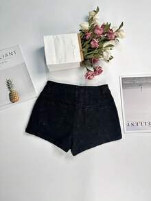 American Hot Girl Y2k Eyelet Buckle Design, Denim Super Shorts, Women's Low Waist Slimming Hot Pants - Black - View 4