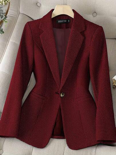 HOMEYEE 女士缺口领长袖提花面料口袋春秋冬复古优雅休闲度假商务办公室女士大码上衣