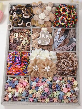 817 pièces/set Accessoires de cheveux pour filles - Khaki, strass scintillants, perles, fleurs en tissu, lapins, cœurs, nœuds, étoiles, princesse minimaliste mignonne. Élastiques, pinces, barrettes en combo pour usage quotidien, cadeau, accessoires capillaires, été, pinces à cheveux