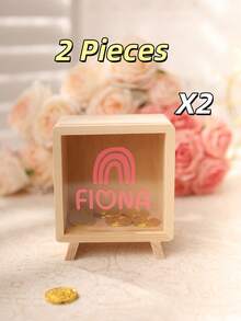 1 pieza Hucha de madera personalizada, con nombre y logotipo personalizables, 2 opciones de tamaño, 50 patrones de dibujos animados, adecuada para decoración de boda, Día de San Valentín, decoración de dormitorio, decoración del hogar, aniversario, decoración de habitación, caja de almacenamiento, regalo de cumpleaños - Color albaricoque de la madera - Ver 13