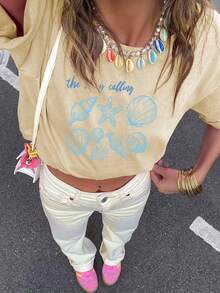 Women's Casual T-Shirt With Starfish & Shell Pattern, Suitable For Everyday Wear, Homewear And Beach Resort - Apricot - View 2