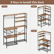 L-Shaped Bakers Rack With Power Outlet, 6-Tier Microwave Stand With Open Storage, Coffee Bar With Hooks, Mesh Grid, Kitchen Shelf With Wire Basket, Rustic Brown And Black - Brown - View 6