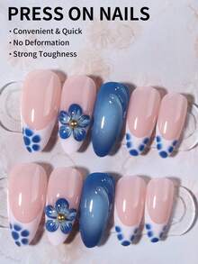 24片花朵美甲贴纸，杏仁形3D凝胶美甲，打造蓝色花朵美甲，珍珠装饰设计，法式亚克力按压式美甲，持久贴合假指甲套装，包含：1片果冻凝胶和1个指甲锉，易于佩戴，花朵美甲，适合夏季美甲、日常工作、派对、美甲用品 - 藍色 - 查看 2