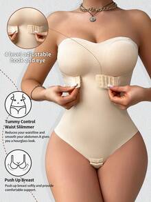 女士无缝吊带修身连体衣，前开襟，防滑，收腰收腹 - 杏色 - 查看 4