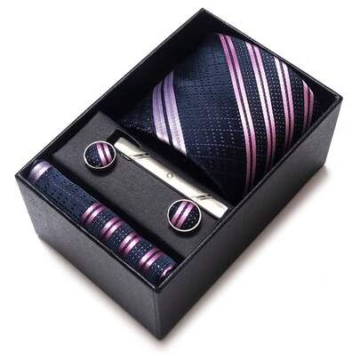 AlanKing 1 套条纹领带、口袋巾、袖扣礼品套装，蓝色领带 8 厘米，适合节日、婚礼、工作领带