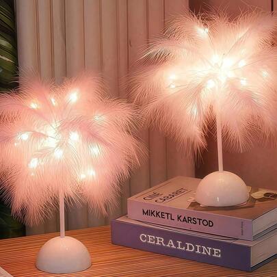 1个粉白羽毛夜灯，40颗LED电池供电人造羽毛灯，可爱浪漫的羽毛灯，温暖的装饰夜灯，适合女孩卧室、书桌，情人节、生日、客厅装饰的浪漫礼物，营造浪漫氛围