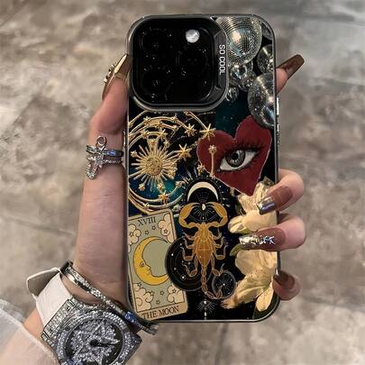 1pc Black Matte IMD Starry Sky Moon Eyes Mosaic Pattern Phone Case, Personalized Design Phone Protective Cover Compatible With IPhone 16 Pro Max, 15/14 Plus, 13, 12, 11, Series Waterproof Shockproof Anti-Fall Scratch Resistant,International Version, Not The Domestic Version