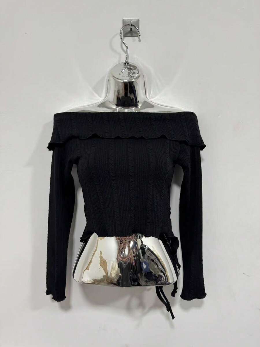 Women's Long Sleeve Off-The-Shoulder Blouse, One Size - 黑色 - 查看 1