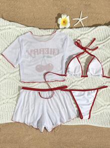 4pcs Women High Elasticity Cherry Pattern Cute Lace-Up Bikini Swimsuit, Sweet Fruit Design Beach Swimwear Holiday Party Summer Resort