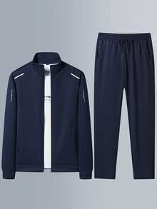 Men's Printed Sports Outfit - Casual Jacket + Pants Full Set, Suitable For Hiking, Outdoor Activities In Autumn/Winter - Blue - View 1