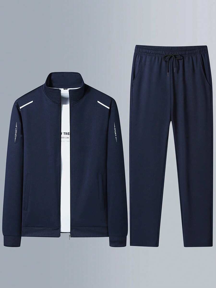 Men's Printed Sports Outfit - Casual Jacket + Pants Full Set, Suitable For Hiking, Outdoor Activities In Autumn/Winter - Blue - View 1