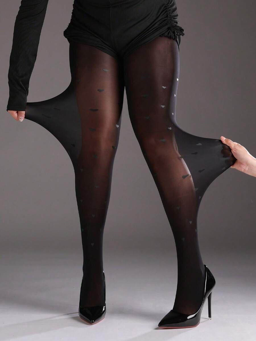 1件装女士加大码爱心印花透明亮面紧身连裤袜，时尚性感夜店风丝袜，可搭配连衣裙，圣诞礼物 - 黑色 - 查看 1