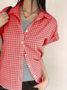 Áo sơ mi kẻ caro cài nút phía trước, áo cánh ngắn tay thường ngày cho nữ, mùa xuân/hè - Đỏ - Xem 1