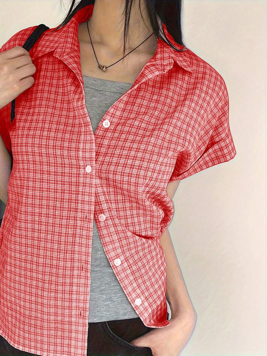 Áo sơ mi kẻ caro cài nút phía trước, áo cánh ngắn tay thường ngày cho nữ, mùa xuân/hè - Đỏ - Xem 1