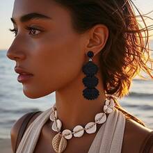 Raffia Dangle Earrings Women - Boho Statement Rattan Drop Jewelry With Design, Lightweight Summer Beach Accessories - Black - View 4